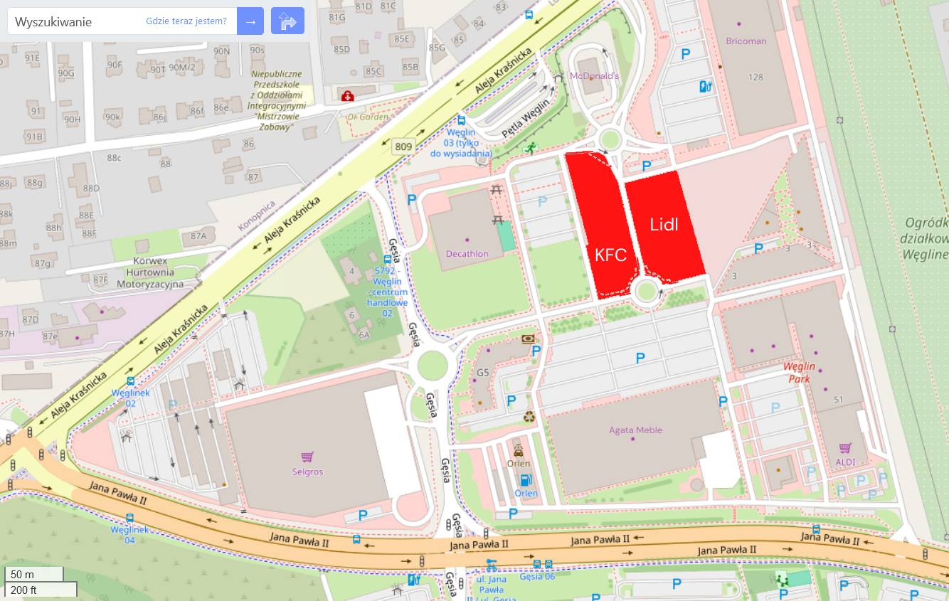 Mapa orientacyjna budowy nowego sklepu Lidl i restauracji KFC przy ul. Gęsiej