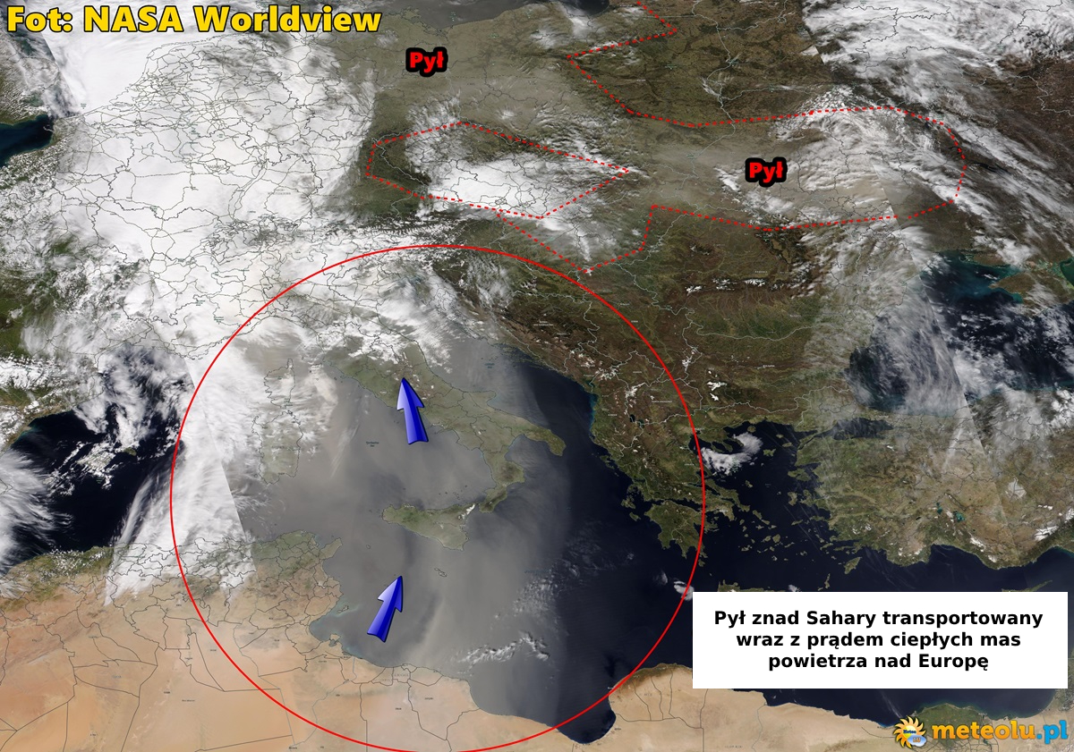 Pył znad Sahary transportowany wraz z prądem ciepłych mas powietrza nad Europę