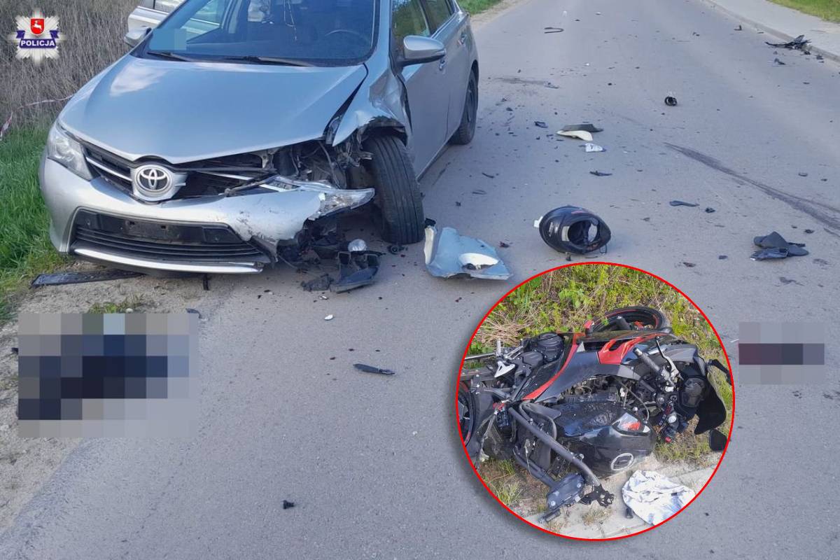 Tragiczny wypadek koło Lublina. Motocyklista na łuku drogi wjechał w toyotę. 21-latek zmarł w szpitalu [ZDJĘCIA]