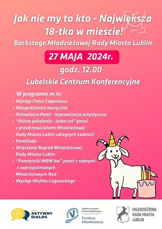 Plakat wydarzenia „Jak nie my to kto – Największa 18-tka w mieście! Backstage Młodzieżowej Rady Miasta Lublin