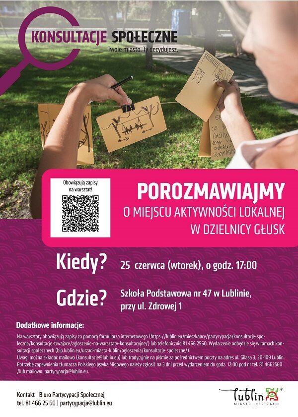Plakat promujący konsultacje dzielnicy Głusk