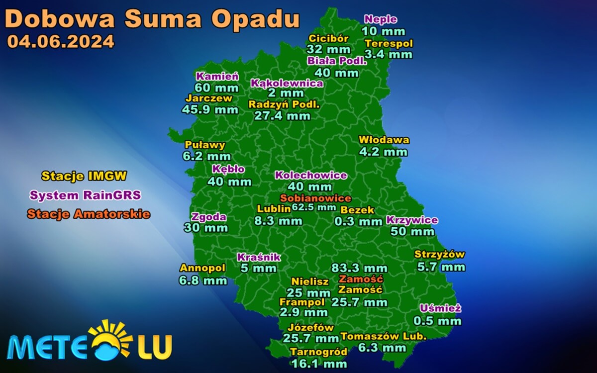 Dobowa suma opadów w województwie lubelskim - 04.06.2024