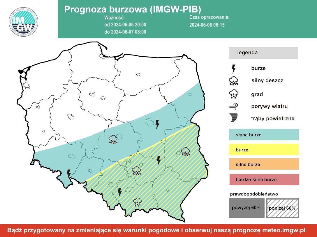 Prognoza burzowa IMGW na czwartek, 6 czerwca 2024