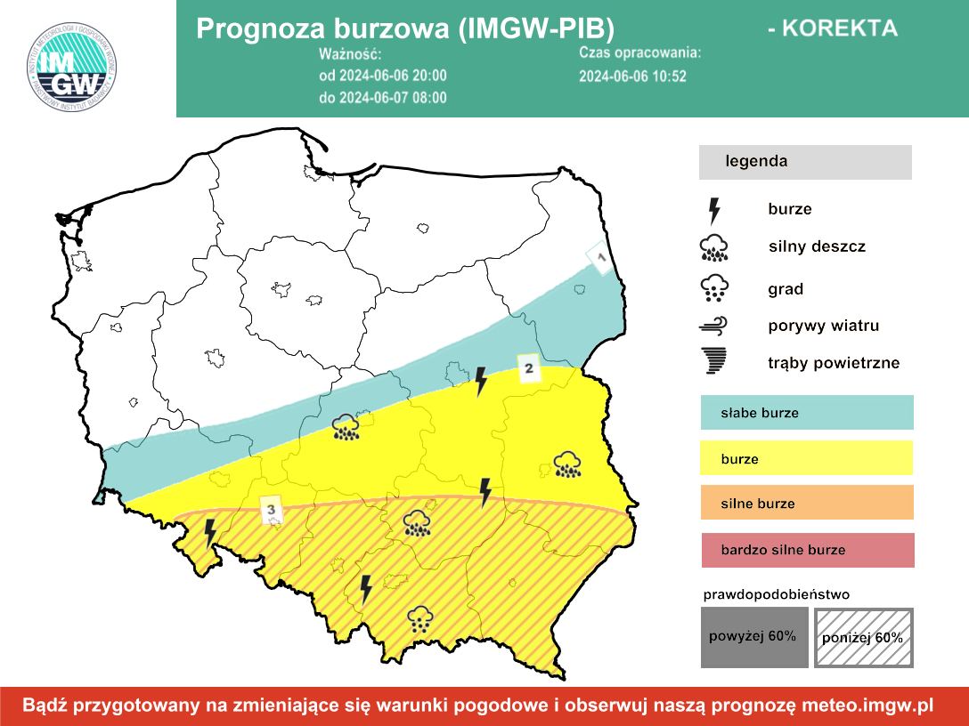 Prognoza burzowa IMGW na noc z czwartku na piątek 6/7 czerwca 2024