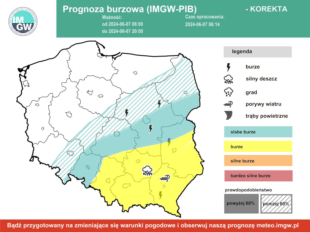 Prognoza burzowa IMGW na piątek, 7 czerwca 2024