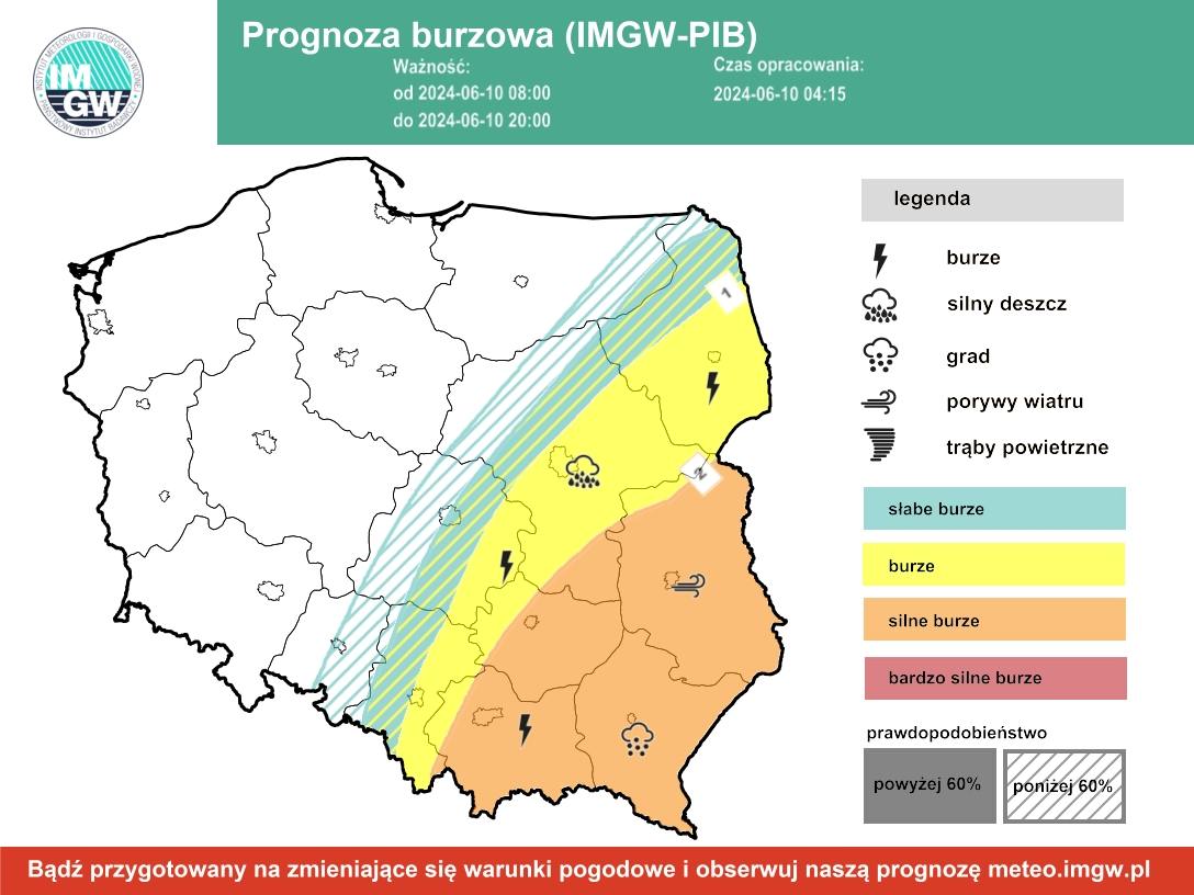 Prognoza burzowa IMGW na poniedziałek, 10 czerwca 2024