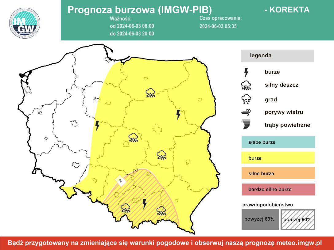 Prognoza burzowa IMGW na poniedziałek, 3 czerwca 2024