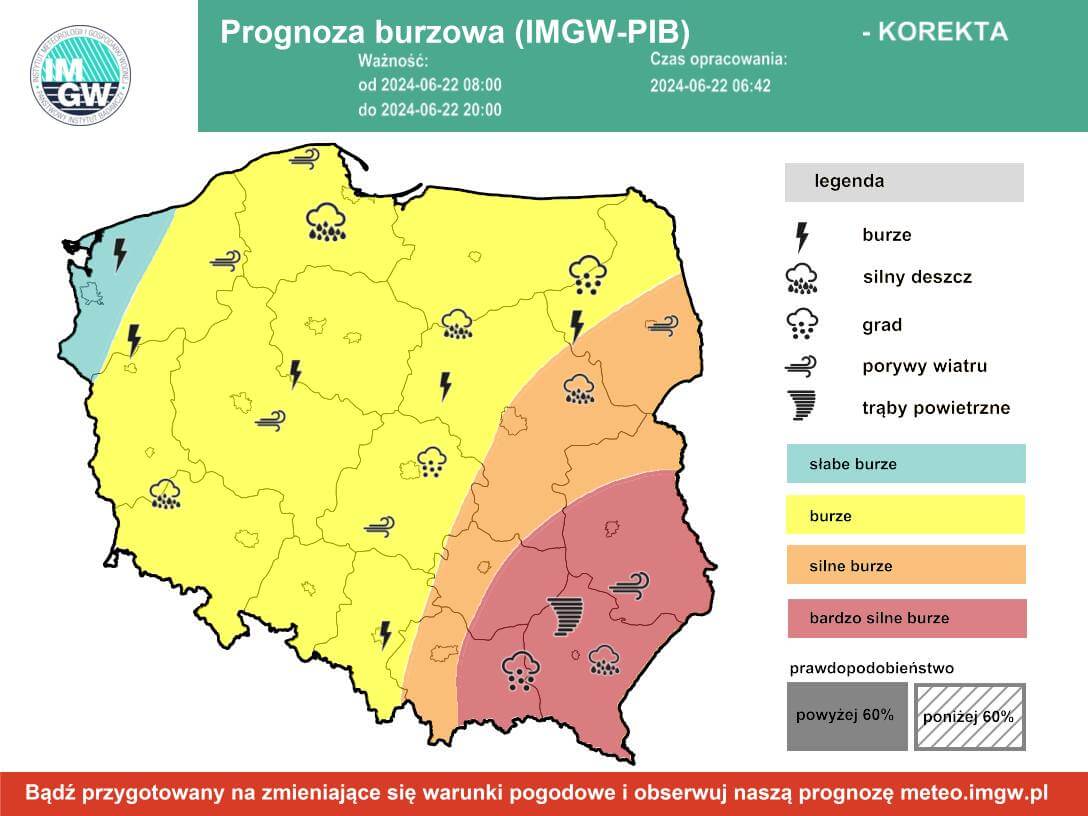 Prognoza burzowa IMGW na sobotę, 22 czerwca 2024