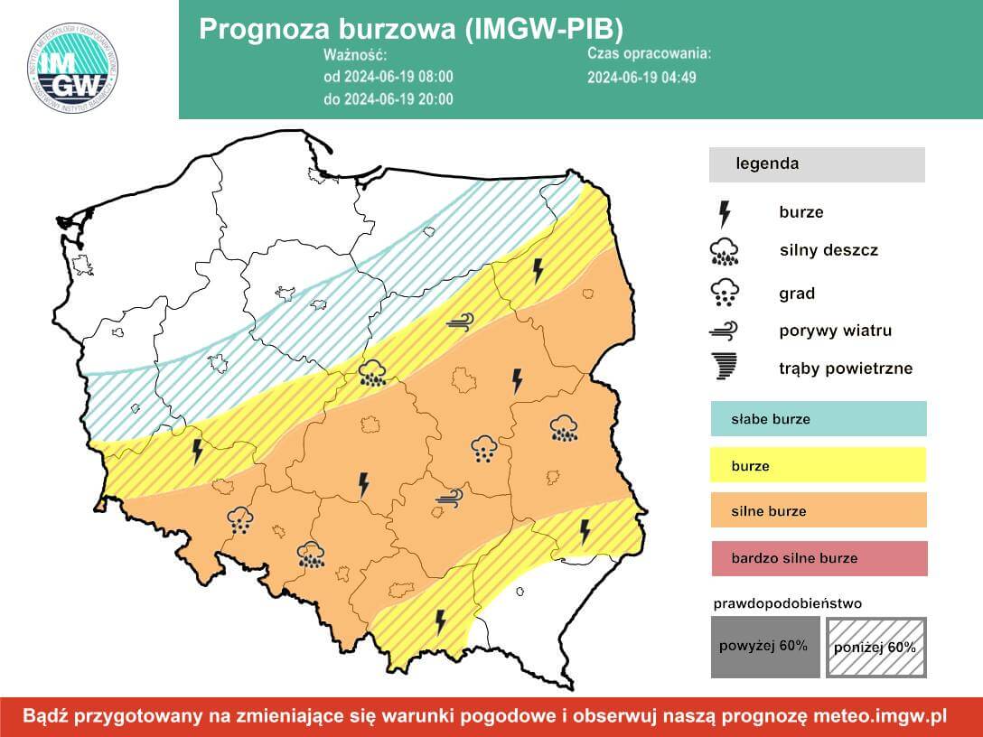 Prognoza burzowa IMGW na środę, 19 czerwca 2024