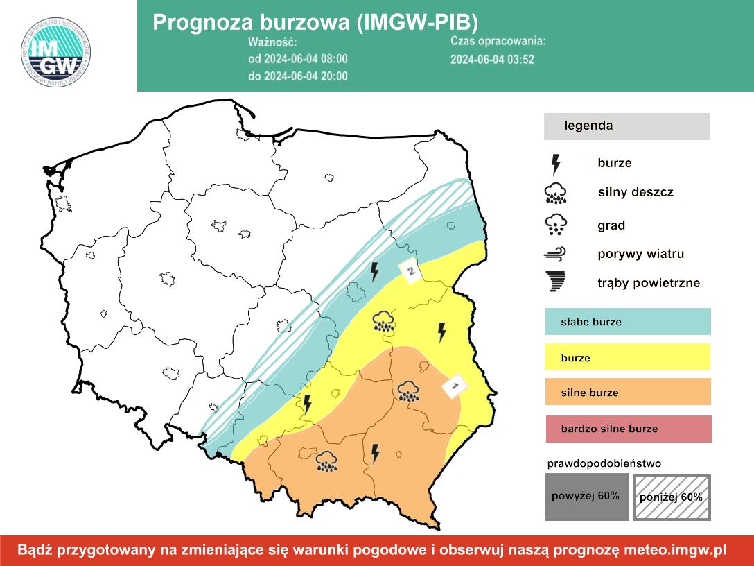 Prognoza burzowa IMGW na wtorek, 4 czerwca 2024