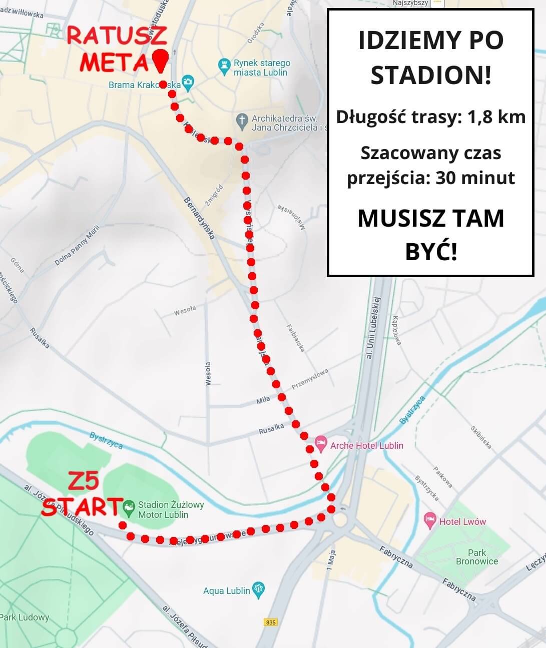 Trasa przemarszu kibiców żużlowego Motoru Lublin po meczu 7 czerwca