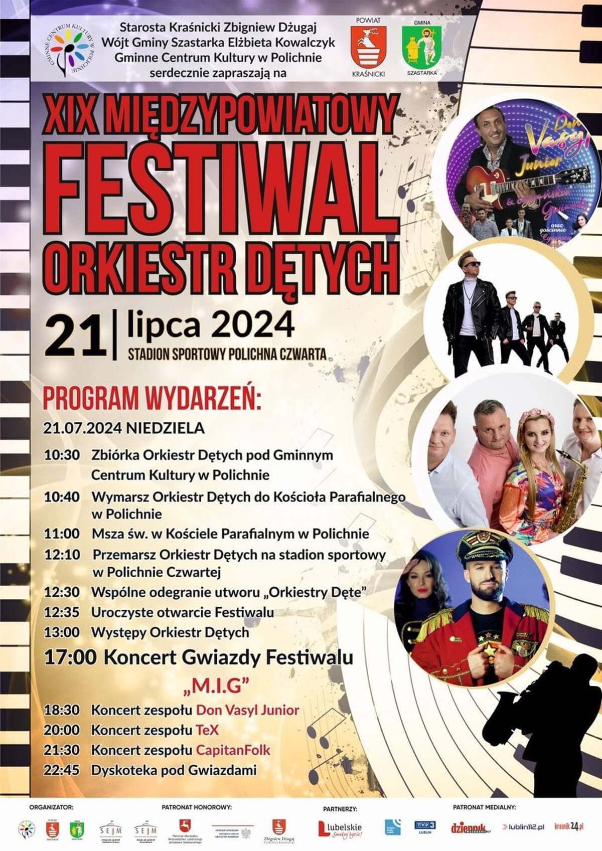 Międzypowiatowy Festiwal Orkiestr Dętych w Polichnie 2024 - program, plakat