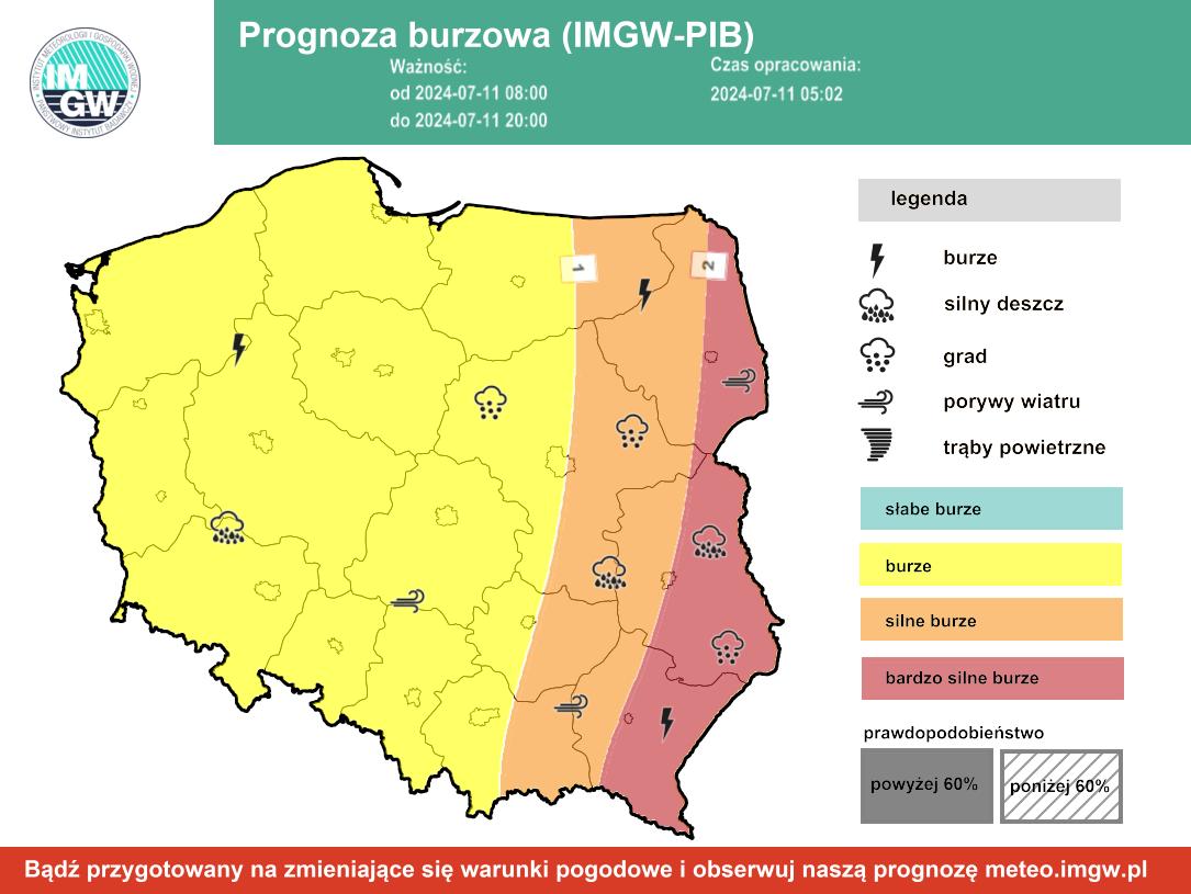 Prognoza burzowa IMGW na czwartek, 11 lipca 2024