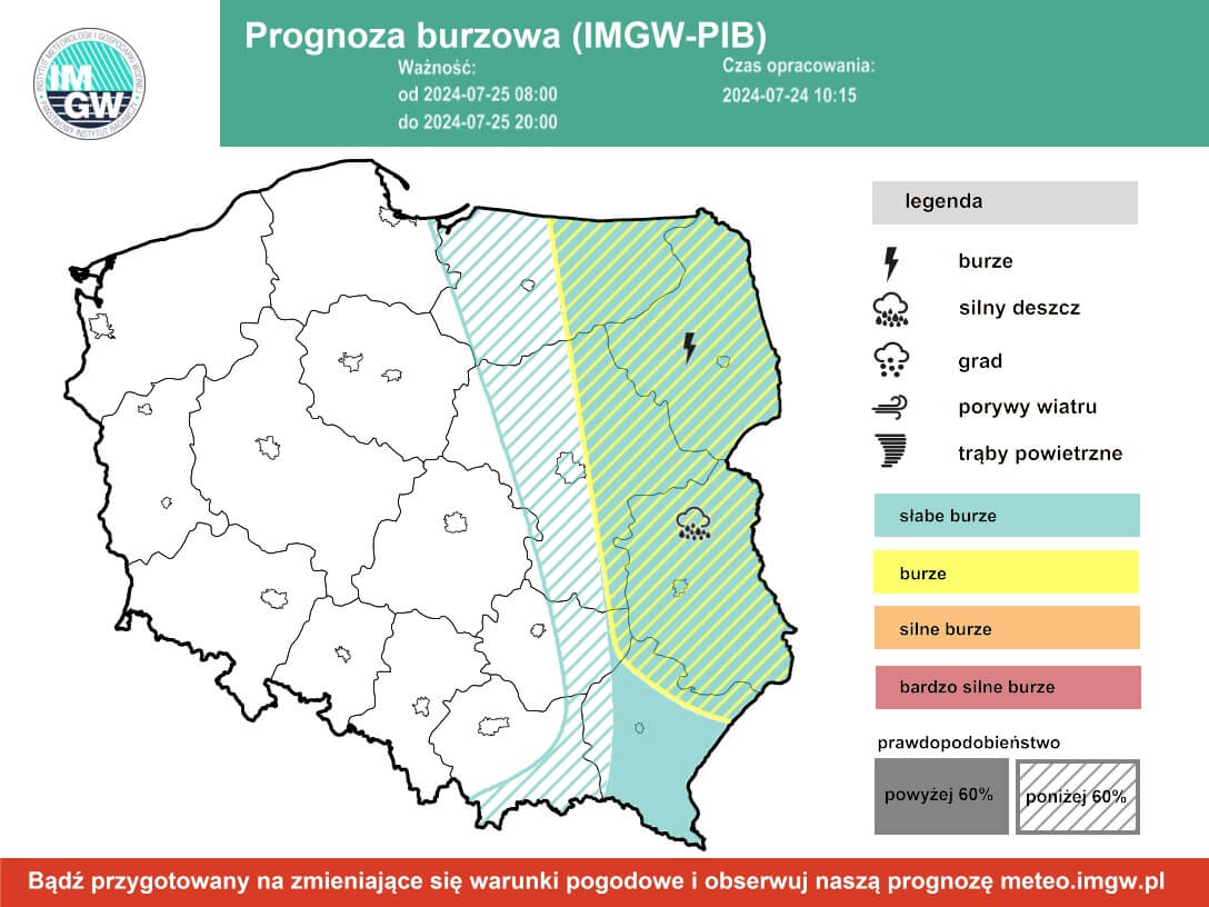 Prognoza burzowa IMGW na czwartek, 25 lipca 2024