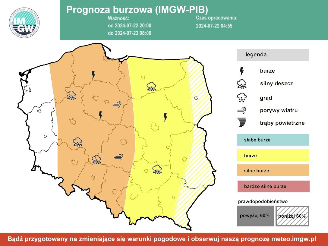 Prognoza burzowa IMGW na noc z poniedziałku na wtorek 22/23 lipca 2024 r.