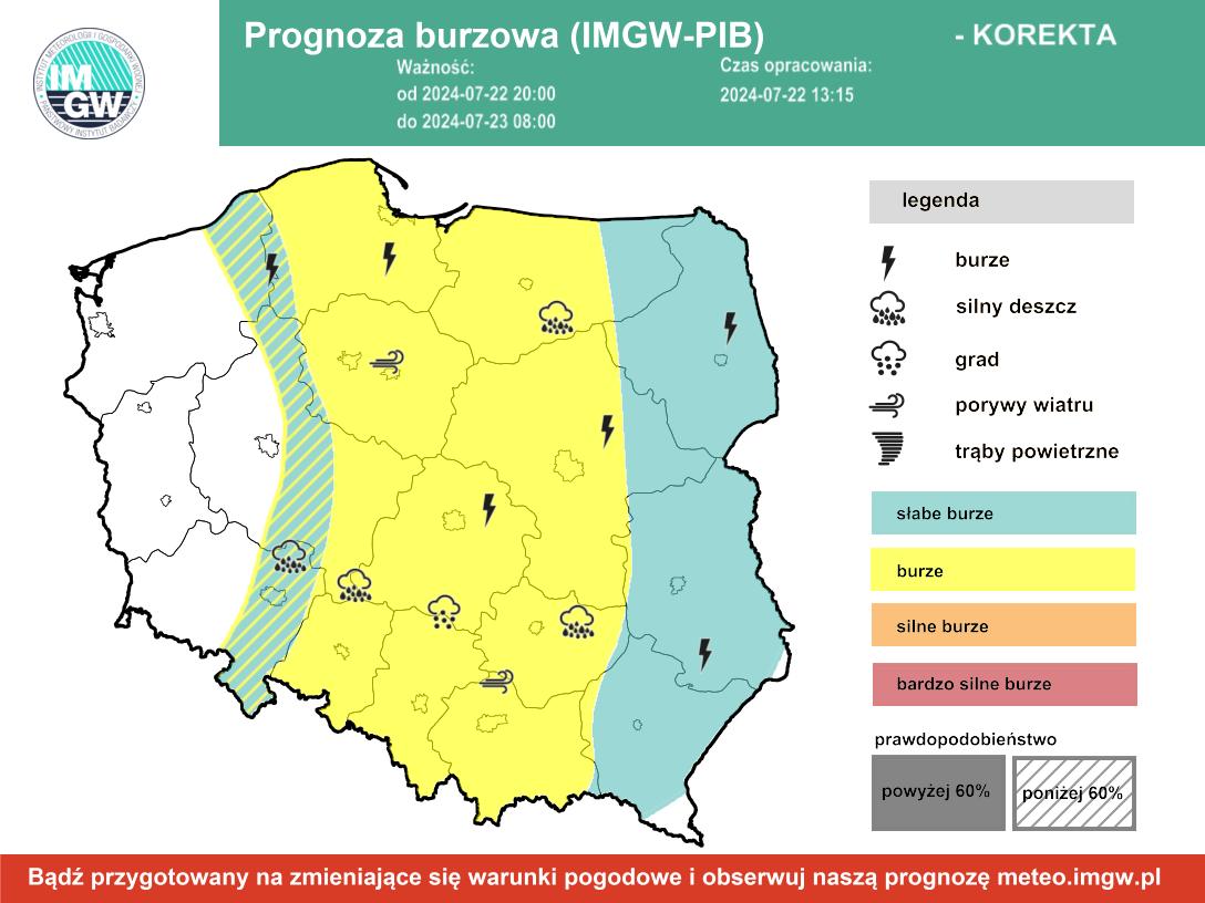 Prognoza burzowa IMGW na noc z poniedziałku na wtorek 22/23 lipca 2024