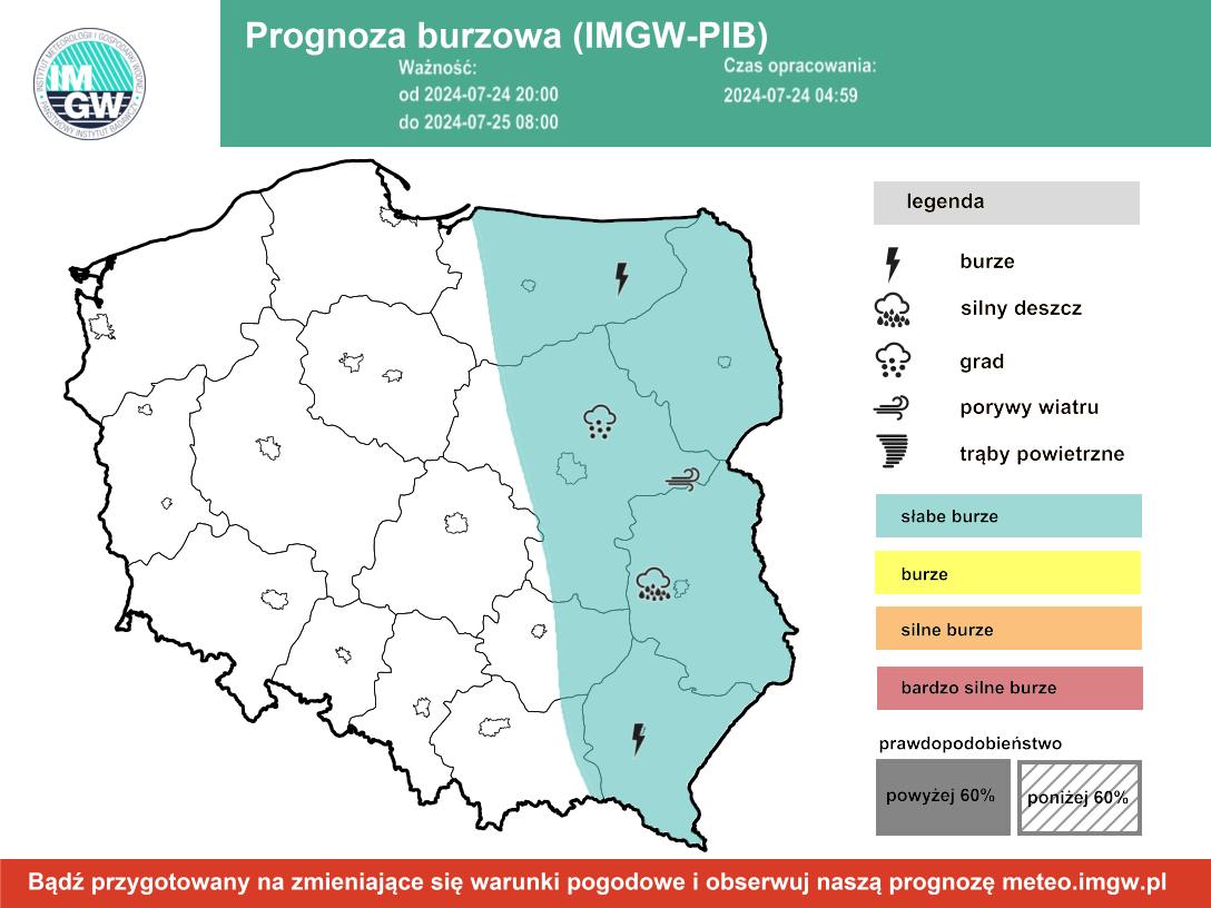 Prognoza burzowa IMGW na noc ze środy na czwartek 24/25 lipca 2024