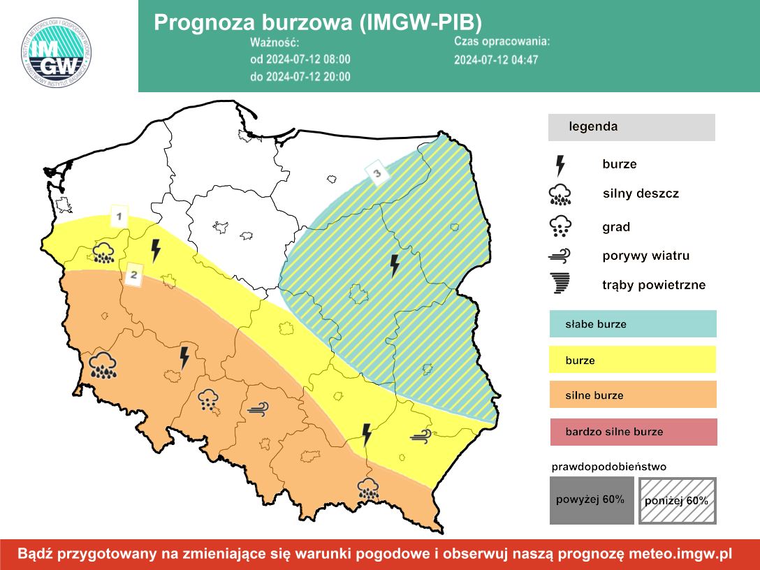 Prognoza burzowa IMGW na piątek 12 lipca 2024