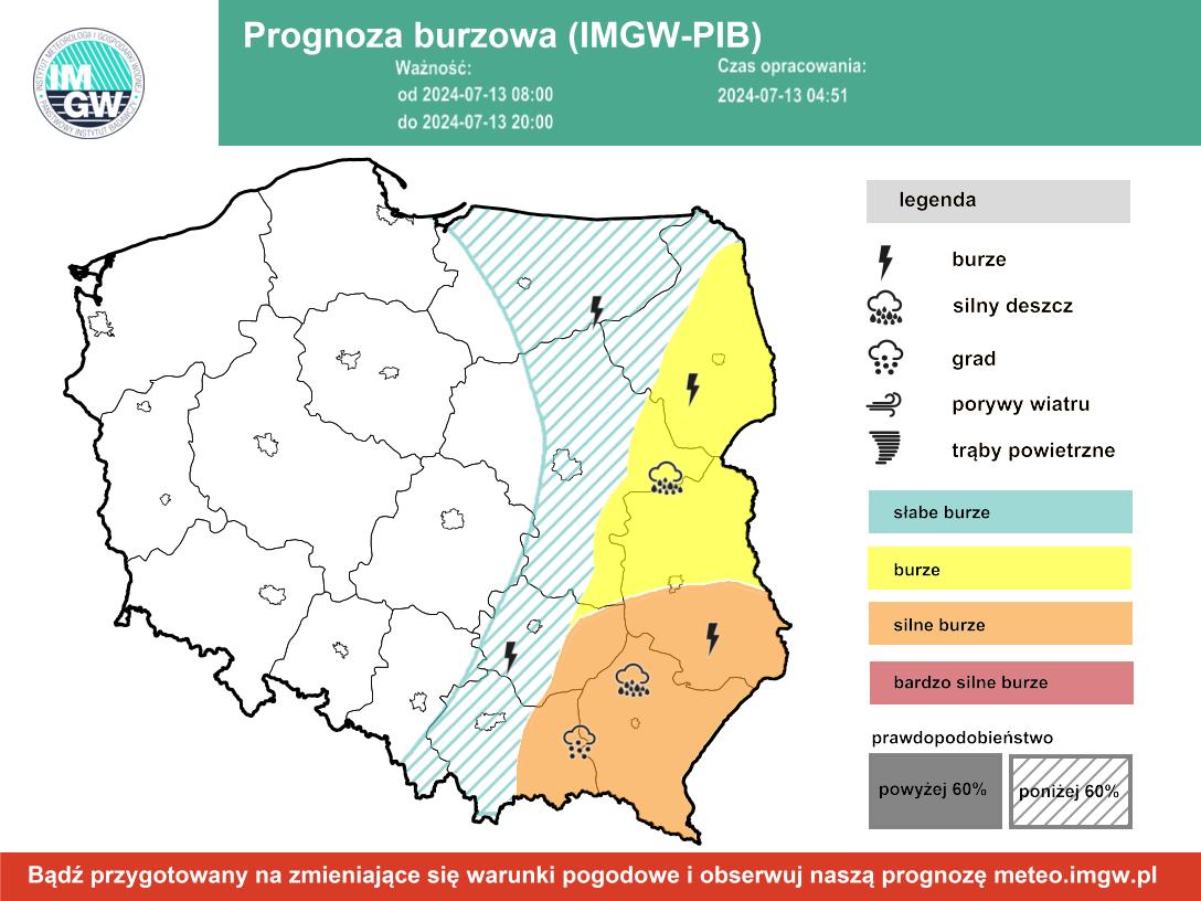 Prognoza burzowa IMGW na sobotę 14 lipca 2024