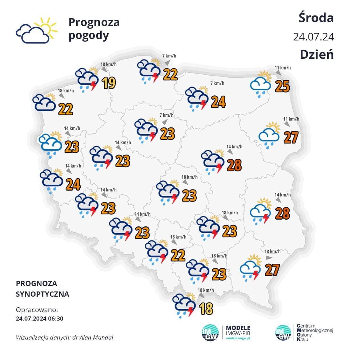 Prognoza pogody synoptyczna IMGW na środę 24 lipca 2024 r.