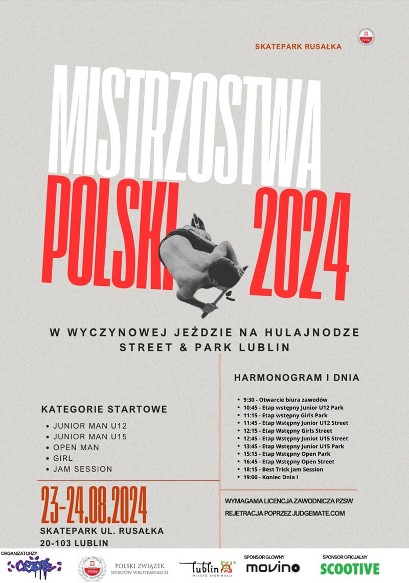 Plakat imprezy Mistrzostwa Polski w Wyczynowej Jeździe na Hulajnodze 2024