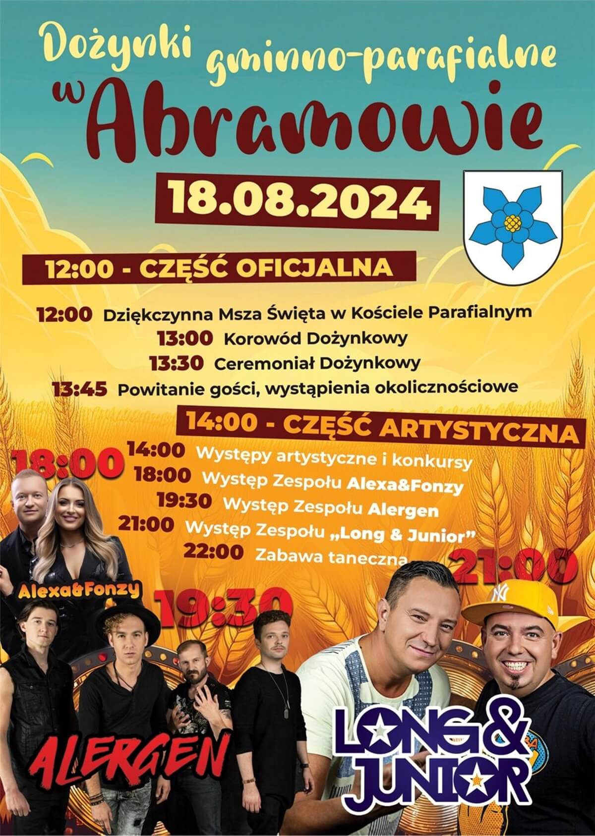 Dożynki w Abramowie 2024. Gwiazdą imprezy zespół Long & Junior. Zobacz godzinowy program 1 Dożynki w Abramowie 2024 - plakat, program wydarzenia
