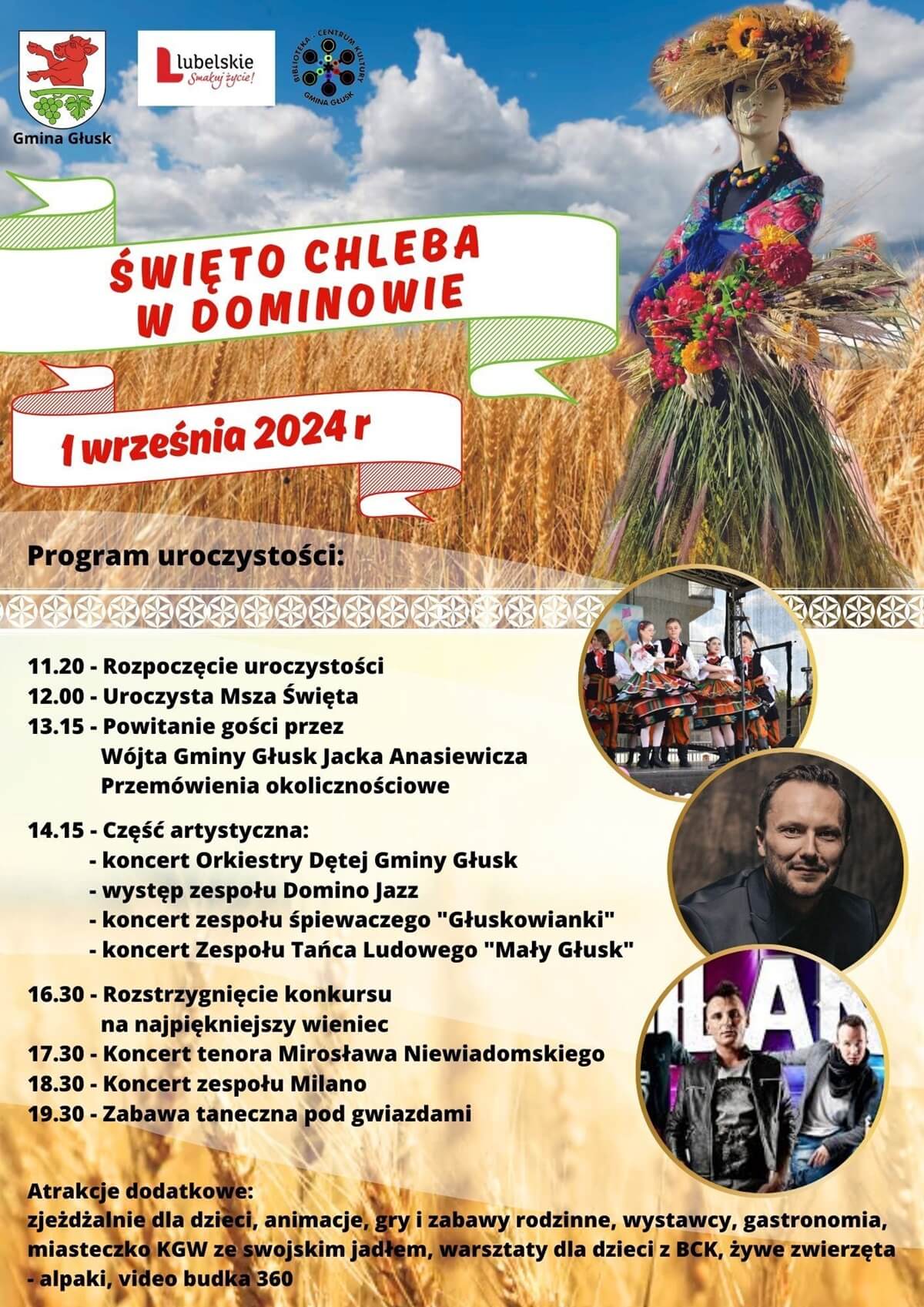 Dożynki w Dominowie 2024. Gwiazdą imprezy zespół Milano. Zobacz godzinowy program 1 Dożynki w Dominowie 2024 - plakat, program wydarzenia