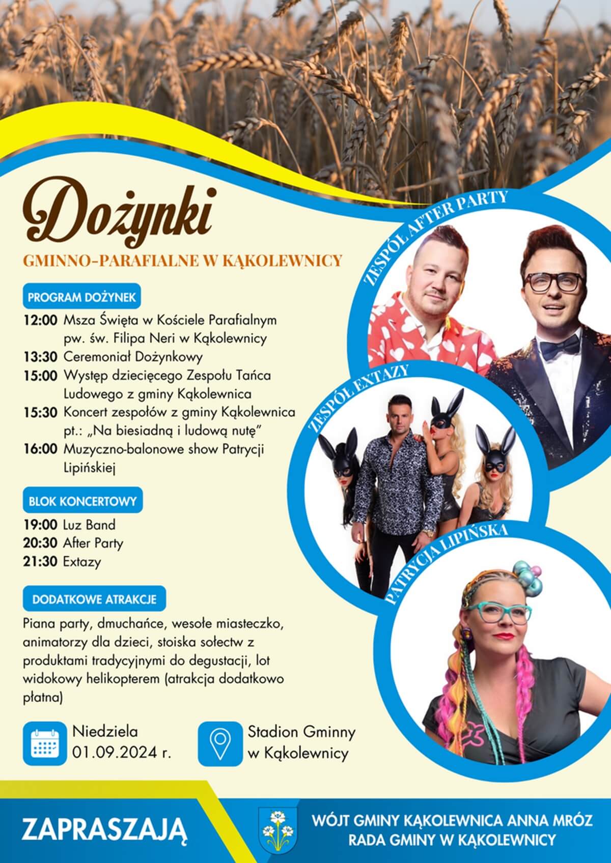 Dożynki w Kąkolewnicy 2024. Wystąpią: After Party i Extazy. Zobacz godzinowy program 1 Dożynki w Kąkolewnicy 2024 - plakat, program wydarzenia