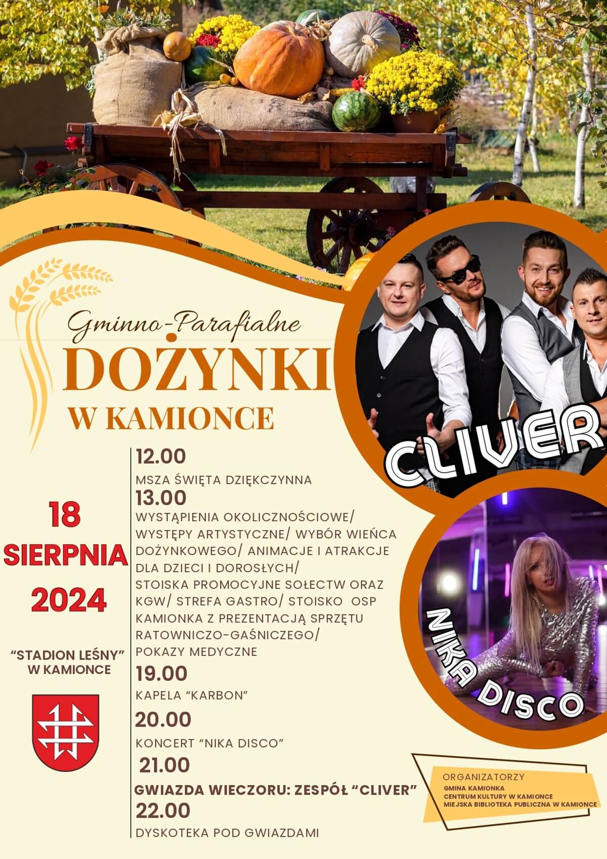 Dożynki w Kamionce 2024. Gwiazdą imprezy zespół Cliver. Zobacz godzinowy program 1 Dożynki w Kamionce 2024 - plakat, program wydarzenia