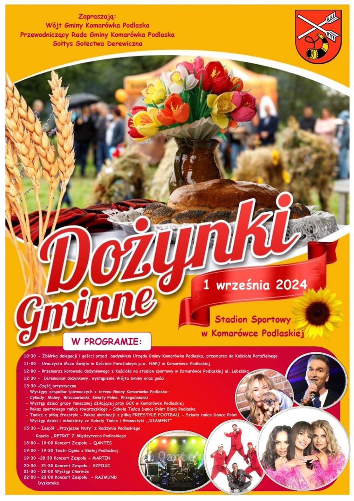 Dożynki w Komarówce Podlaskiej 2024. Wystąpią: Szpilki i Rajmund. Zobacz godzinowy program 1 Dożynki w Komarówce Podlaskiej 2024 - plakat, program wydarzenia