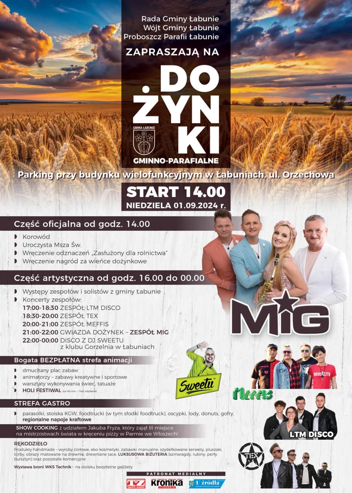 Dożynki w Łabuniach 2024. Gwiazdą imprezy zespół MIG. Zobacz godzinowy program 1 Dożynki w Łabuniach 2024 - plakat, program wydarzenia