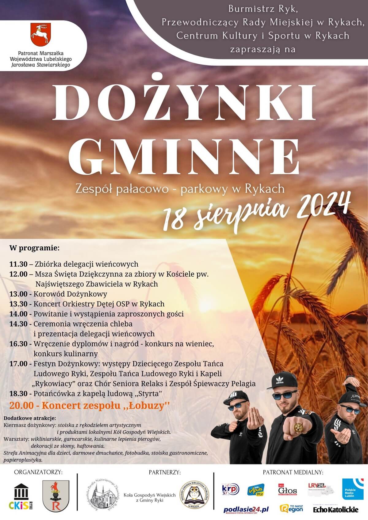 Dożynki w Rykach 2024. Gwiazdą imprezy Łobuzy. Zobacz godzinowy program 1 Dożynki w Rykach 2024 - plakat, program wydarzenia