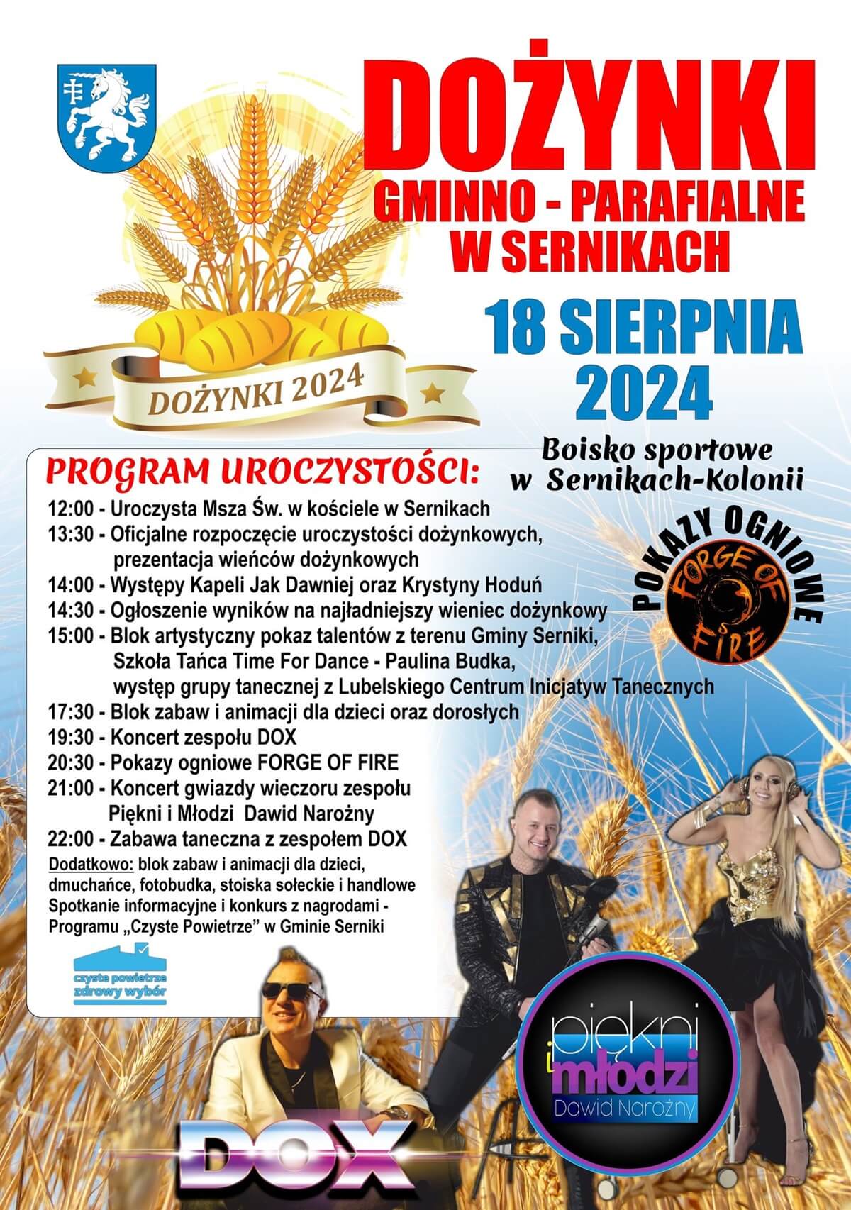 Dożynki w Sernikach 2024. Gwiazdą imprezy Piękni i Młodzi Dawid Narożny. Zobacz godzinowy program 1 Dożynki w Sernikach-Kolonii 2024 - plakat, program wydarzenia