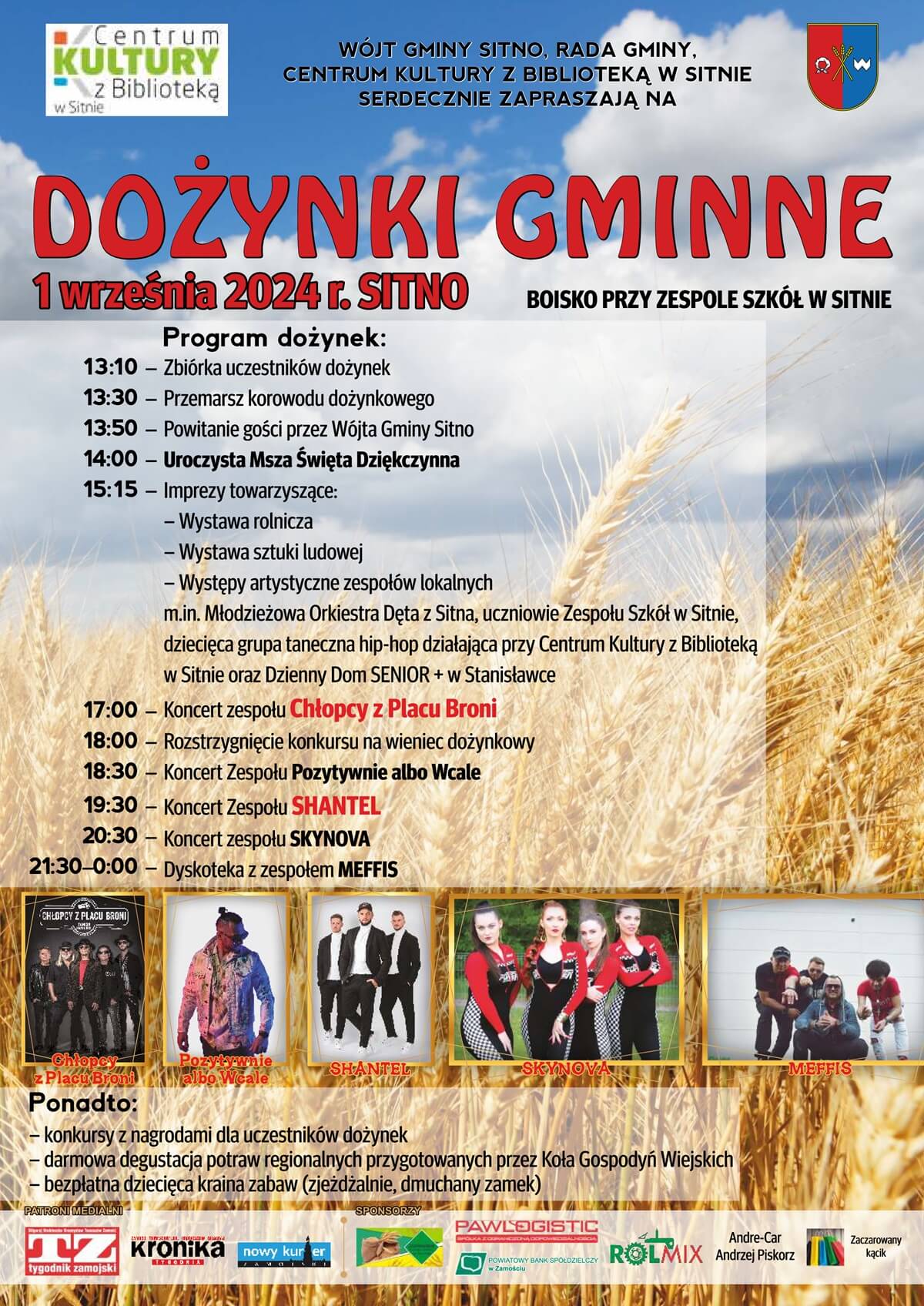 Dożynki w Sitnie 2024. Wystąpią: Shantel oraz Chłopcy z Placu Broni. Zobacz godzinowy program 1 Dożynki w Sitnie 2024 - plakat, program wydarzenia