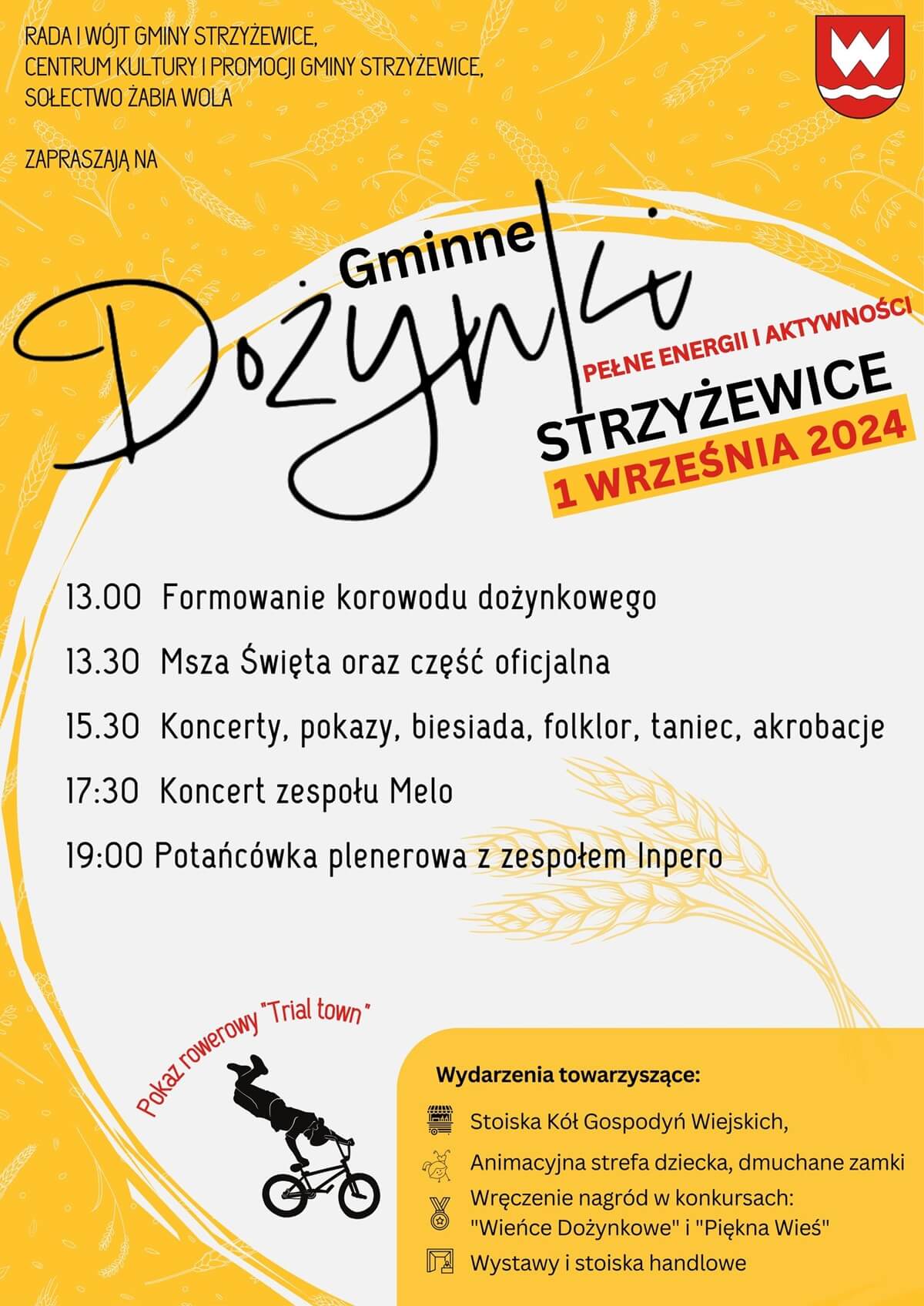 Dożynki w Strzyżewicach 2024. Występy zaproszonych zespołów. Zobacz godzinowy program 1 Dożynki w Strzyżewicach 2024 - plakat, program wydarzenia