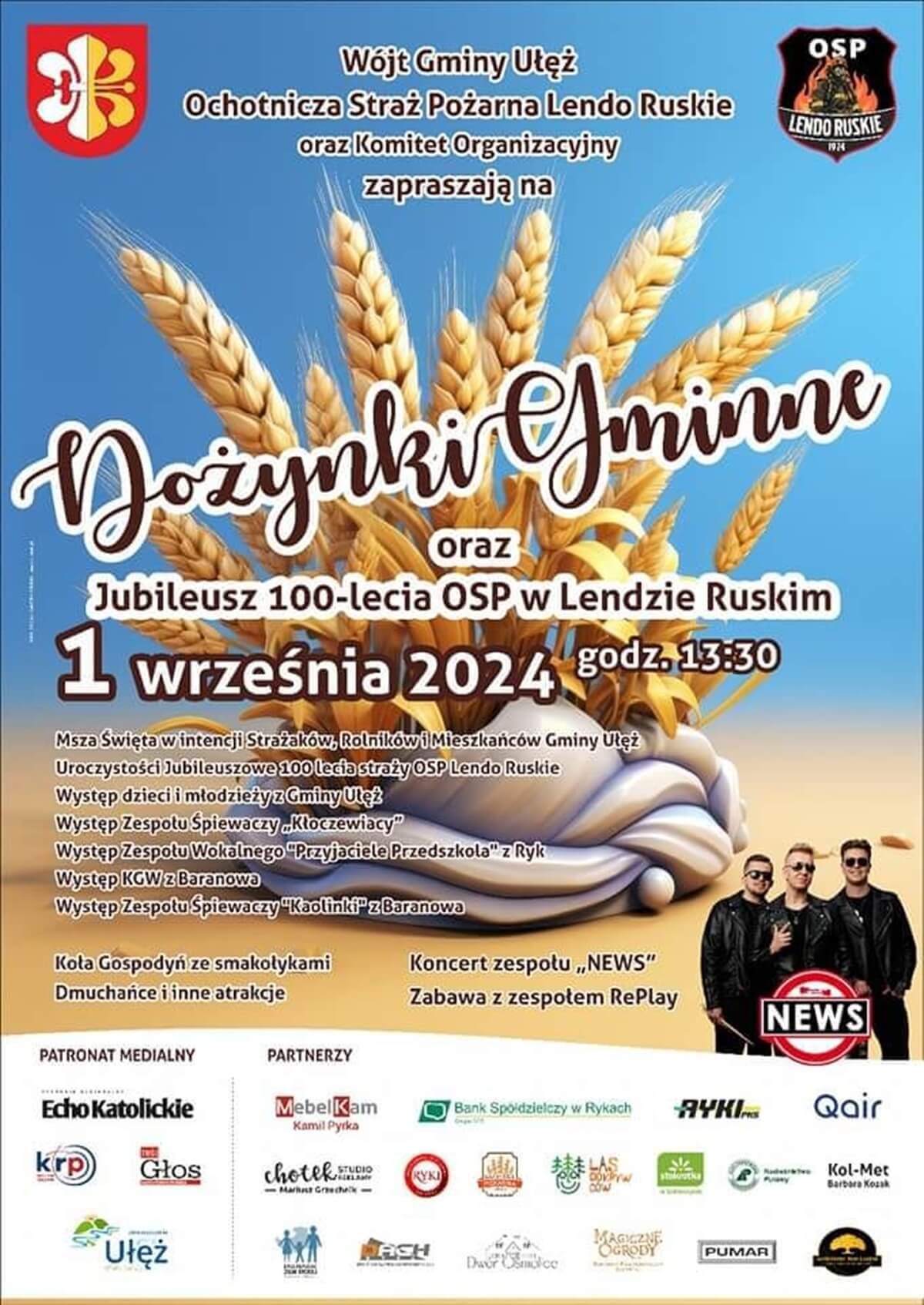 Dożynki w Lendzie Ruskim 2024. Gwiazdą imprezy zespół News. Zobacz godzinowy program 1 Dożynki w Lendzie Ruskim 2024 - plakat, program wydarzenia