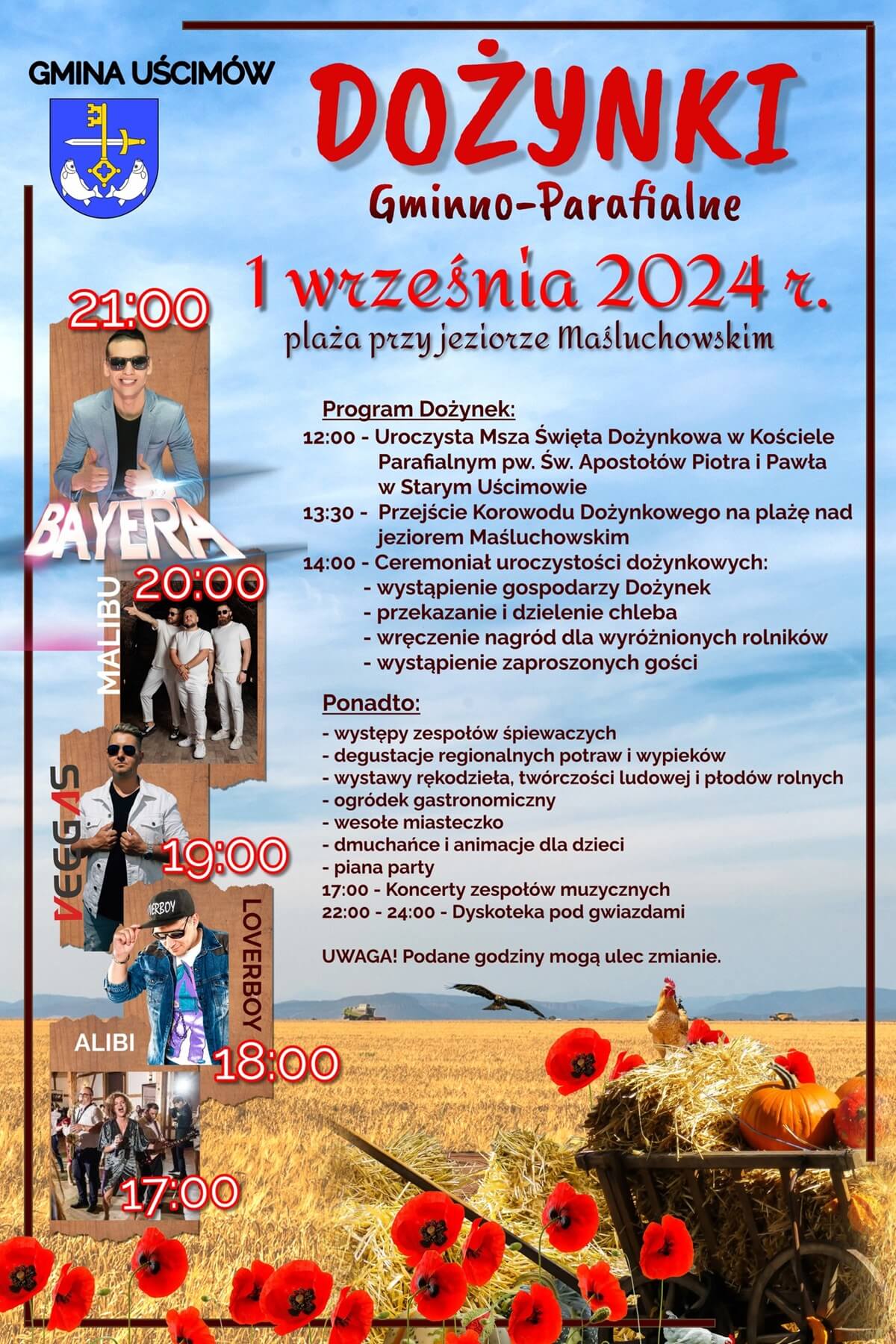 Dożynki w Starym Uścimowie 2024. Wystąpią: Bayera, Malibu, Veegas i Loverboy. Zobacz godzinowy program 1 Dożynki w Starym Uścimowie 2024 - plakat, program wydarzenia