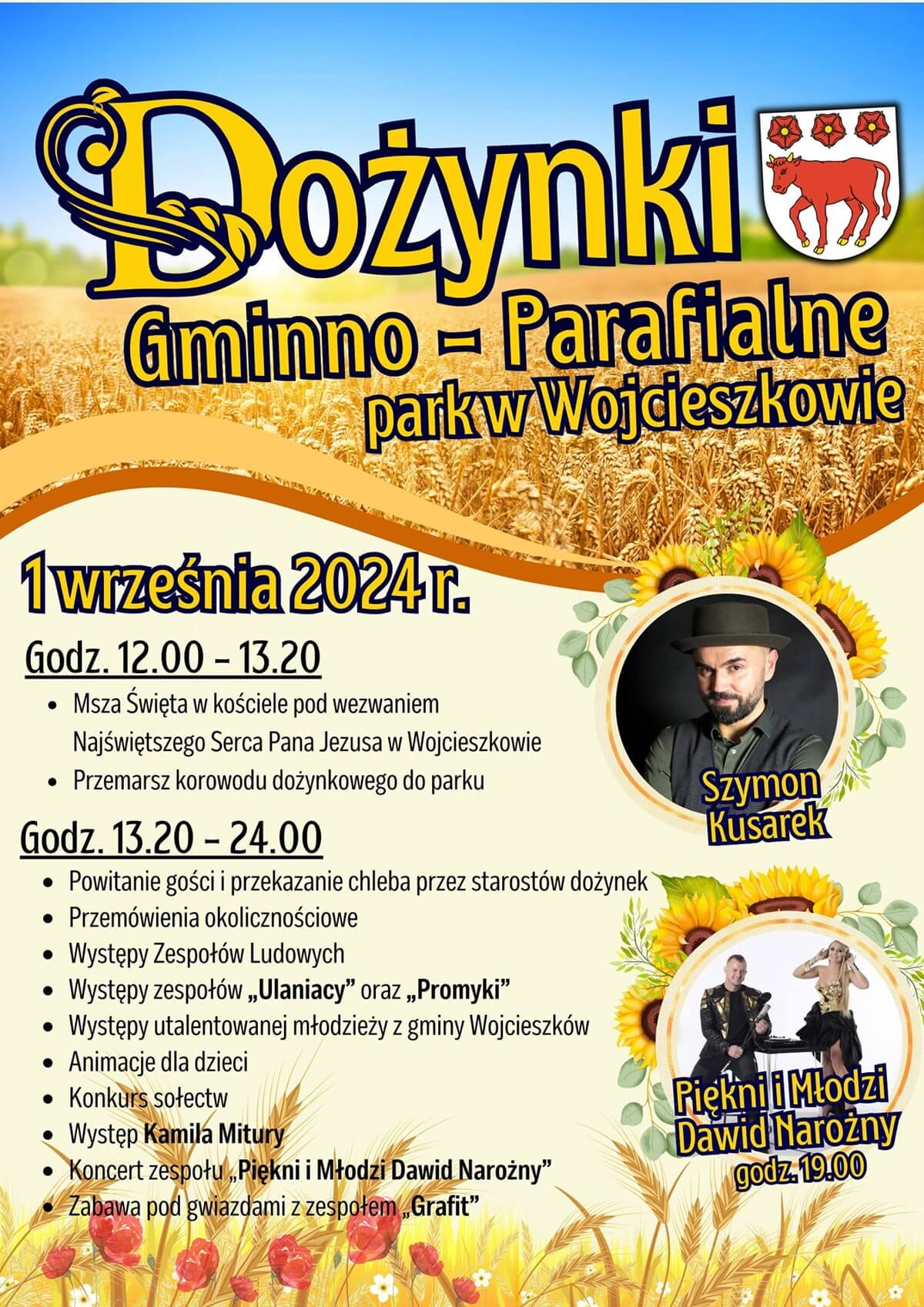 Dożynki w Wojcieszkowie 2024. Koncert Piękni i Młodzi Dawid Narożny. Zobacz godzinowy program 1 Dożynki w Wojcieszkowie 2024 - plakat, program wydarzenia