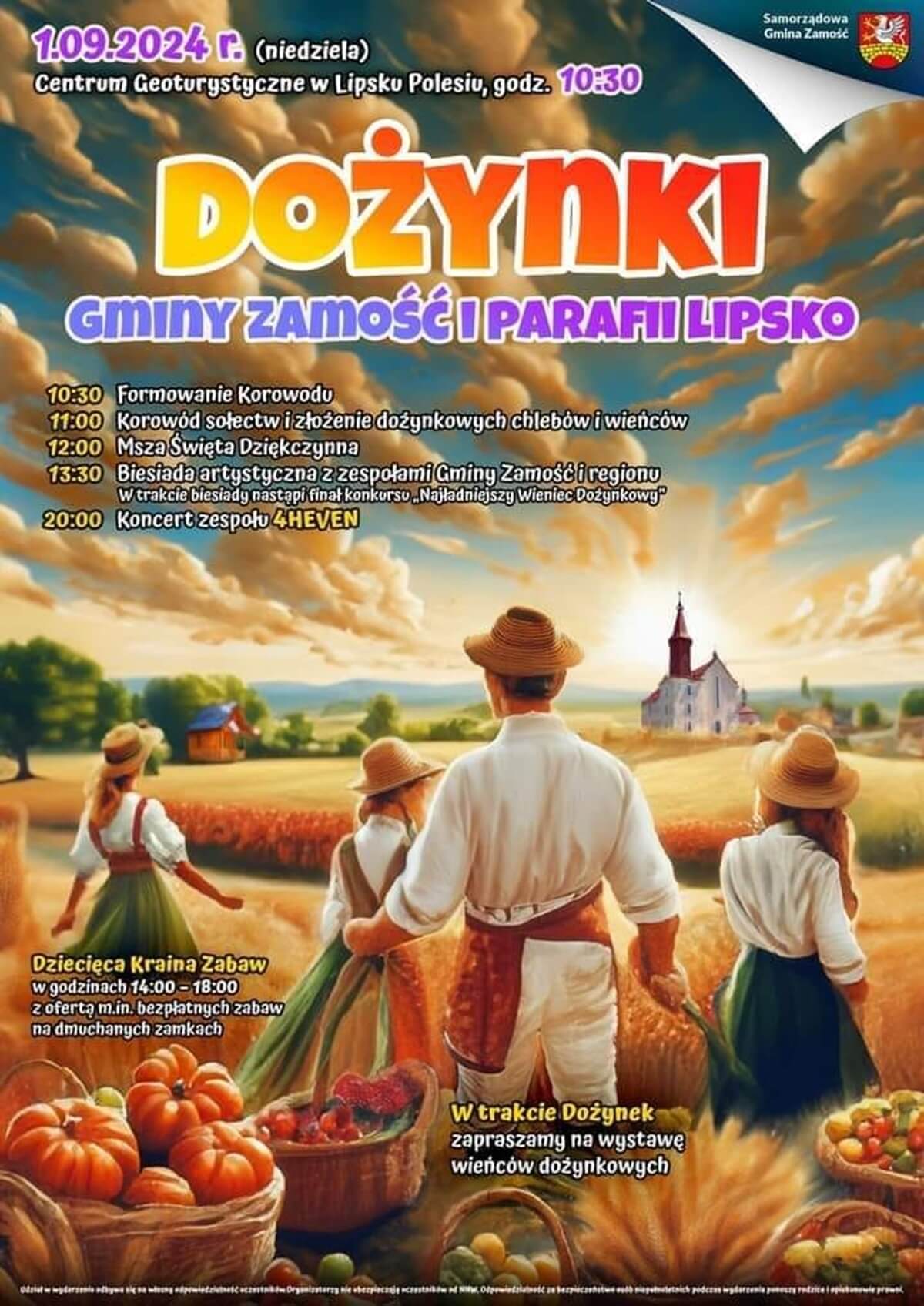 Dożynki w Lipsku Polesiu 2024. Koncert zespołu 4HEVEN. Zobacz godzinowy program 1 Dożynki w Lipsku Polesiu 2024 - plakat, program wydarzenia