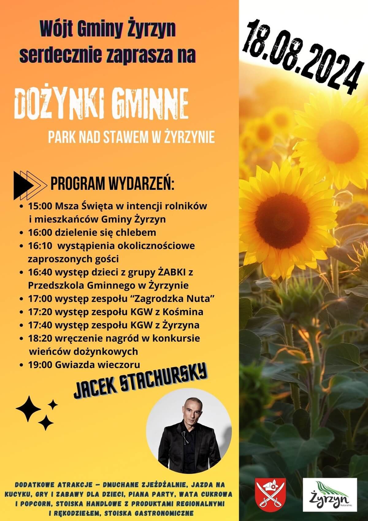 Dożynki w Żyrzynie 2024. Gwiazdą imprezy Jacek Stachursky. Zobacz godzinowy program 1 Dożynki w Żyrzynie 2024 - plakat, program wydarzenia