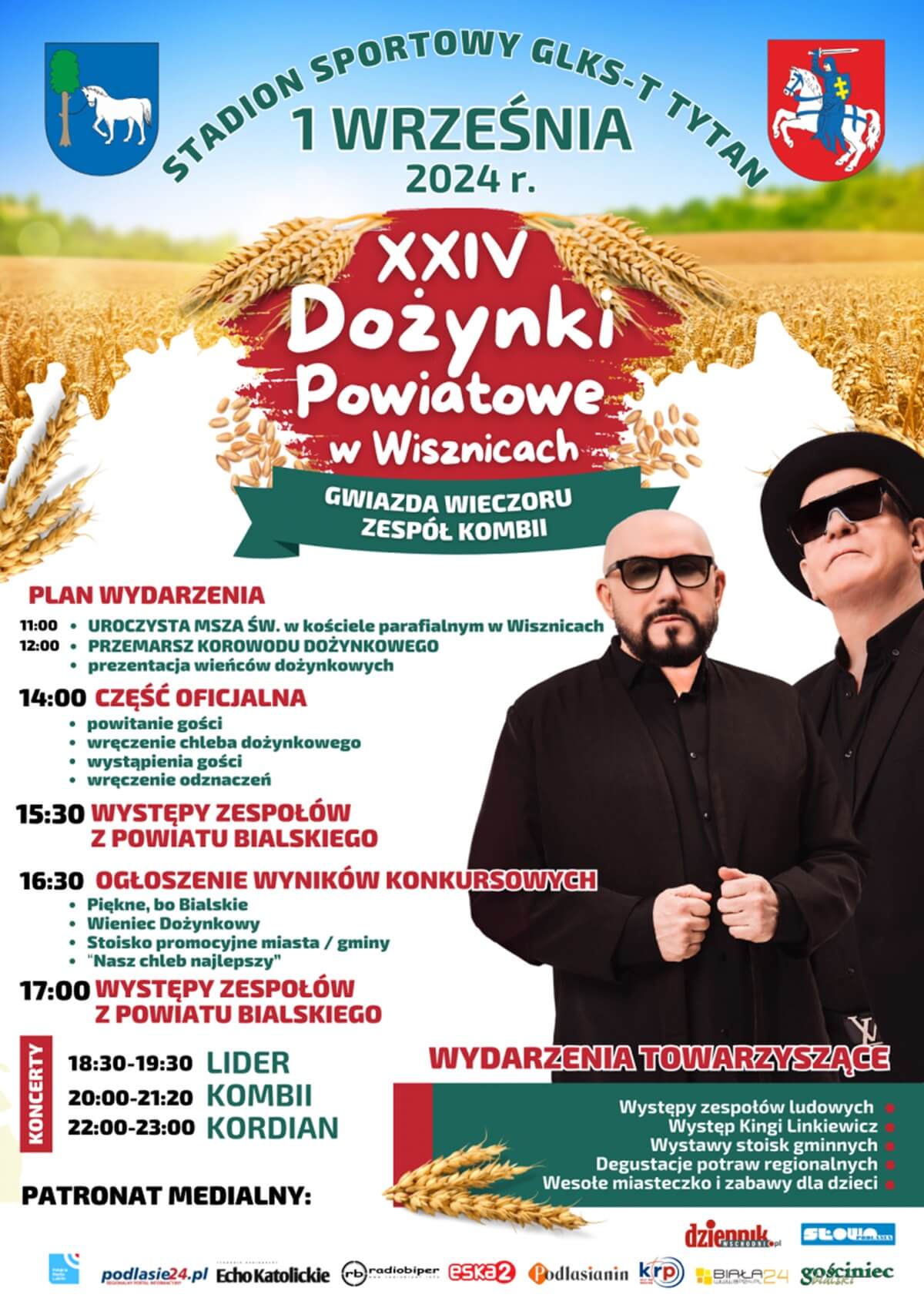 Dożynki powiatowe w Wisznicach 2024. Wystąpią: Lider, Kordian i Kombii. Zobacz godzinowy program 1 Dożynki powiatu bialskiego w Wisznicach 2024 - plakat, program wydarzenia