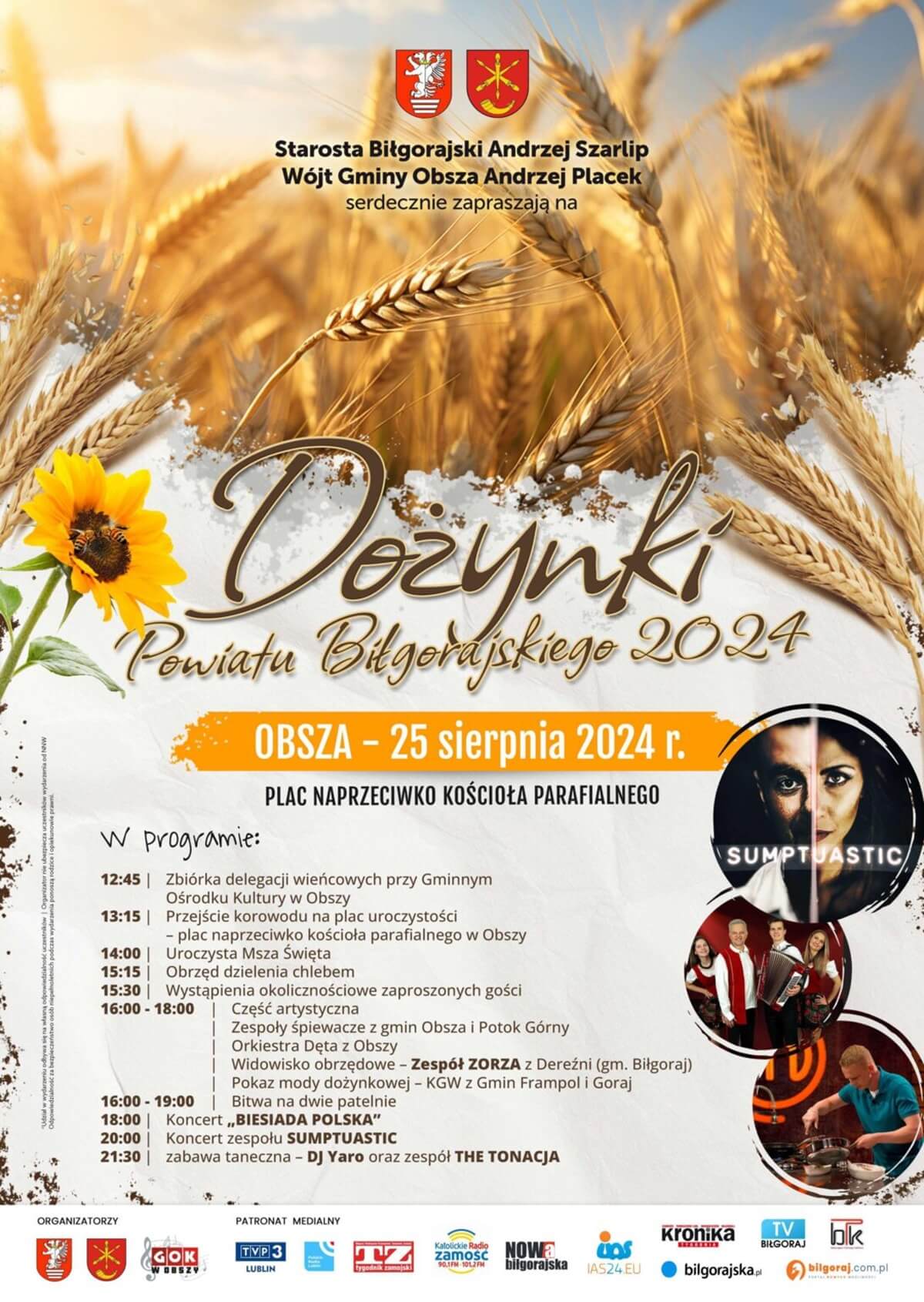 Dożynki powiatu biłgorajskiego w Obszy 2024 - plakat, program wydarzenia