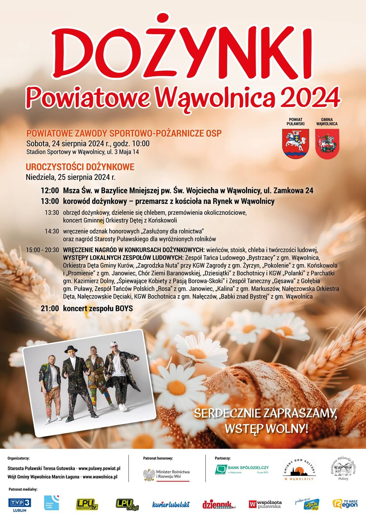 Dożynki powiatu puławskiego w Wąwolnicy 2024 - plakat, program wydarzenia