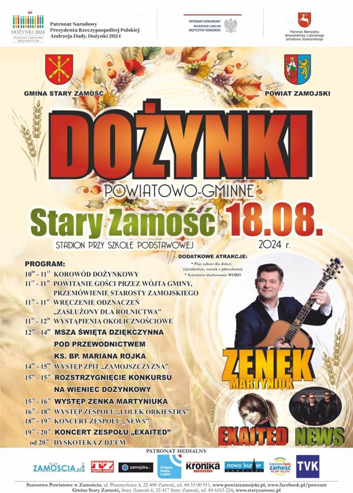 Dożynki powiatu zamojskiego w Starym Zamościu 2024. Wystąpią: Zenek Martyniuk, Exaited, News. Zobacz godzinowy program 1 Dożynki powiatu zamojskiego w Starym Zamościu 2024 – plakat, program wydarzenia