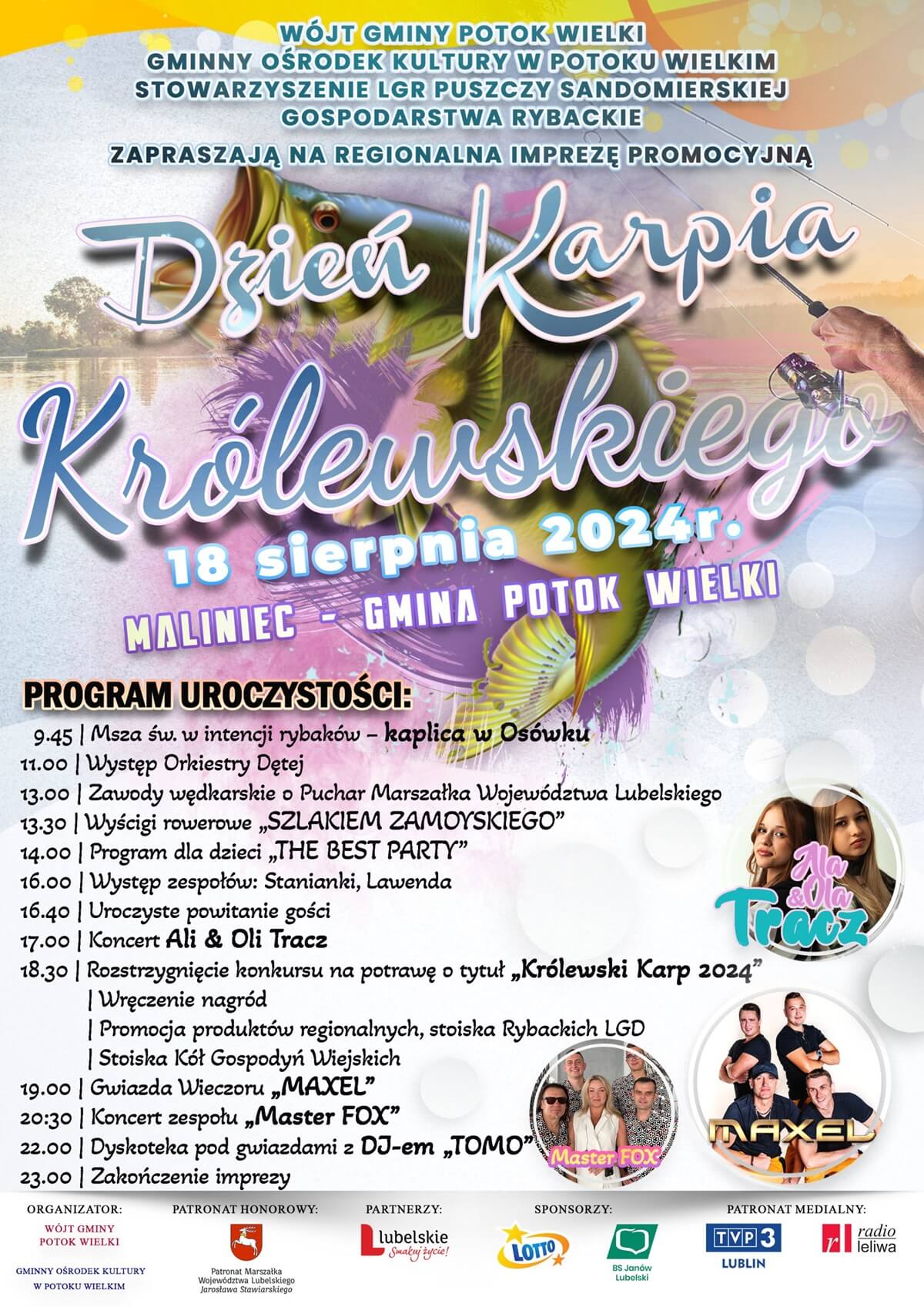 Dzień Karpia Królewskiego w Malińcu 2024. Gwiazda wieczoru Maxel. Zobacz godzinowy program 1 Dzień Karpia Królewskiego w Malińcu 2024 - plakat, program wydarzenia