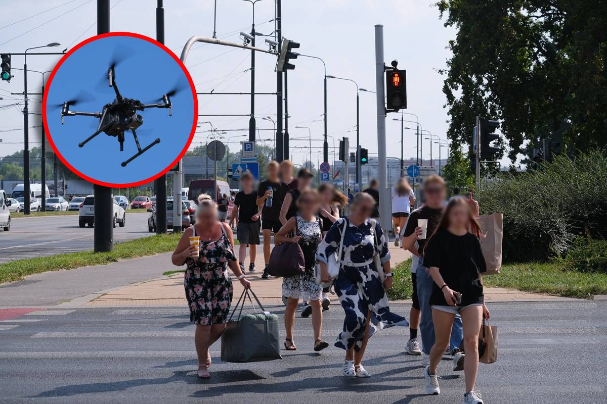 Piesi przechodzący na czerwonym świetle i policyjny dron