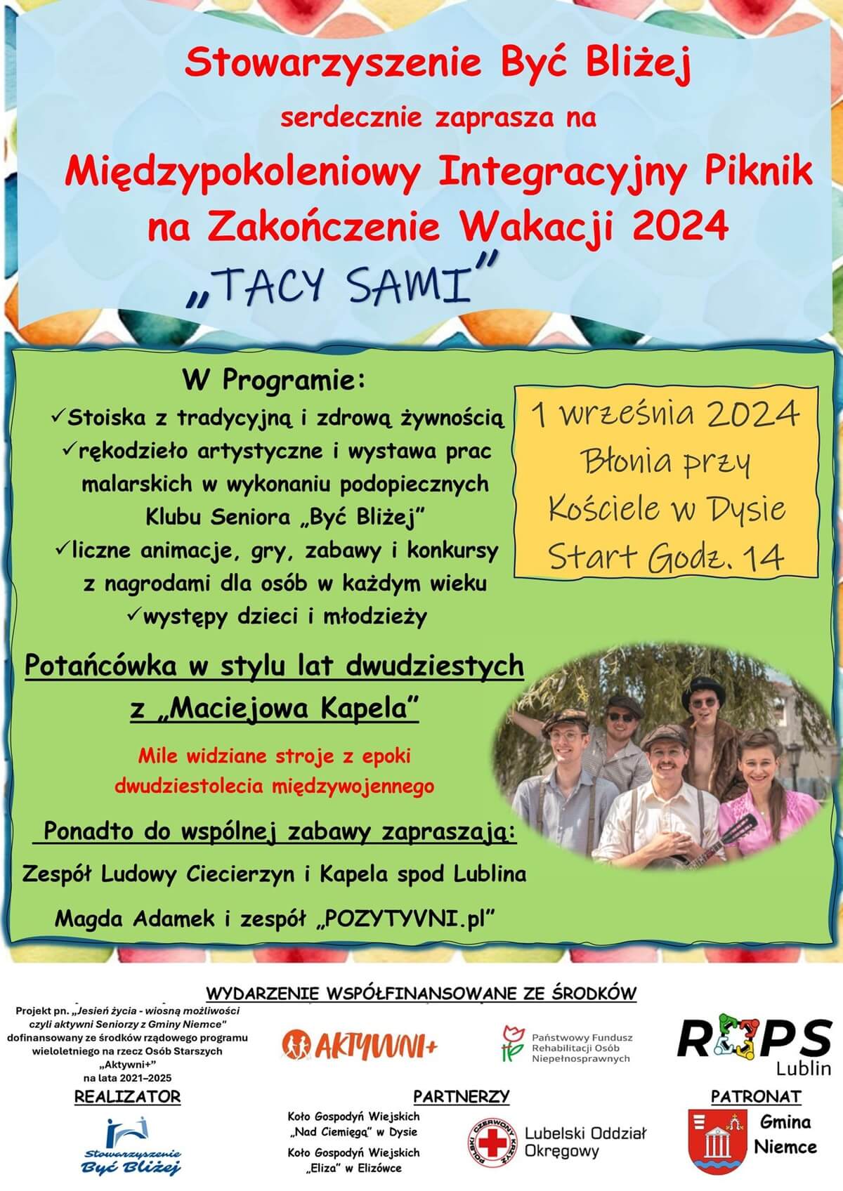 Piknik na zakończenie wakacji w Dysie 2024. Potańcówka z zespołem Maciejowa Kapela. Zobacz godzinowy program 1 Piknik na zakończenie wakacji w Dysie 2024 - plakat, program wydarzenia