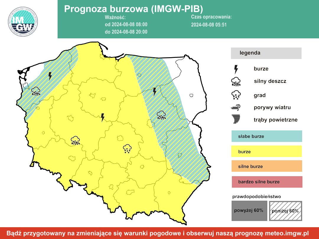 Prognoza burzowa IMGW na czwartek 8 sierpnia 2024