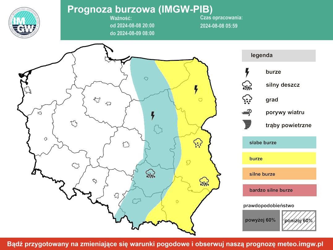 Prognoza burzowa IMGW na noc z czwartku na piątek 8/9 sierpnia 2024