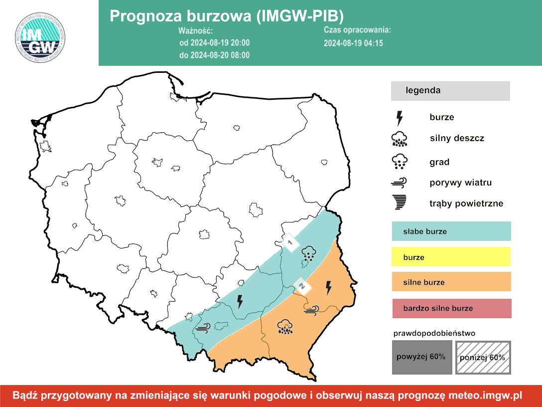 Prognoza burzowa IMGW na noc z poniedziałku na wtorek 19/20 sierpnia 2024